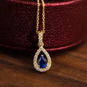 NEW 14k Yellow Gold Diamond Sapphire Necklace Pear Cut Necklace